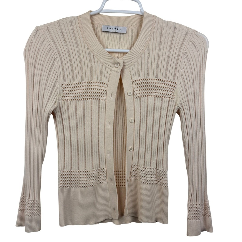 Sandro Paris Cream Ribbed Pointelle Knit Button Front Cardigan Size 2